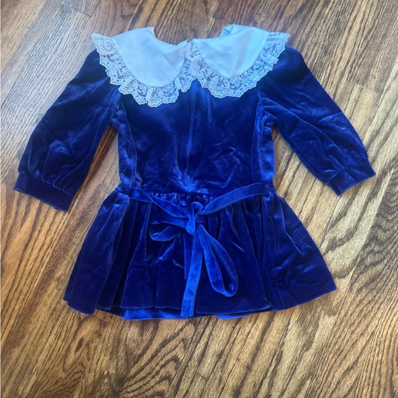 Baby Girl Vintage Rare Editions Blue Velvet Velour and Lace Dress 2T - Picture 4 of 6